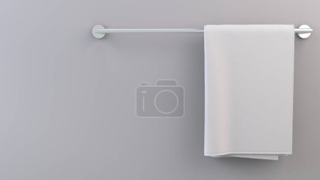 Photo for Simple white towel on towel holder on bright background - closeup shot - graphic template, right side position - Royalty Free Image