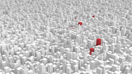 Téléchargez les photos : Ville numérique abstraite en blanc avec des bâtiments rouges se démarquer - modèle de fond - en image libre de droit