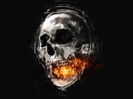 Téléchargez les photos : Crâne hurlant avec des flammes dans la bouche - illustration de style grunge - en image libre de droit
