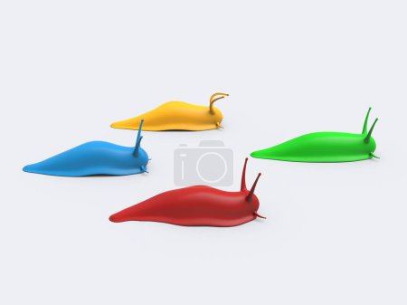 Téléchargez les photos : Cartoon limaces colorées dans une course - vert menant la course - en image libre de droit