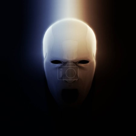 Téléchargez les photos : Masque visage hurlant blanc étrange dans une atmosphère sombre - Illustration 3D - en image libre de droit