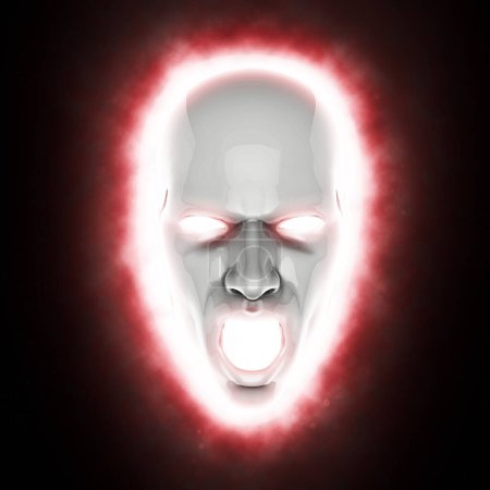 Téléchargez les photos : Masque visage hurlant blanc étrange avec des yeux brillants rouge vif - Illustration 3D - en image libre de droit