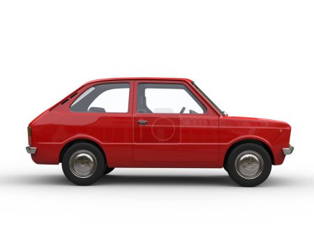 Téléchargez les photos : Petite voiture compacte vintage rouge vif - vue latérale - en image libre de droit