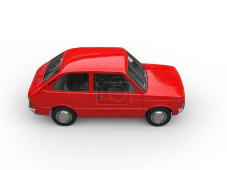 Photo for Small bright red vintage compact car - top down view - Royalty Free Image