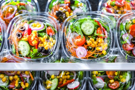 Téléchargez les photos : Boîtes en plastique avec salades de légumes préemballées, conditionnées pour la vente au réfrigérateur commercial - en image libre de droit