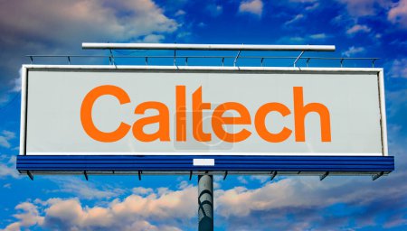 Photo for POZNAN, POL - MAR 7, 2023: Advertisement billboard displaying logo of The California Institute of Technology (Caltech), a private research university in Pasadena, California - Royalty Free Image