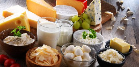 A variety of dairy products including cheese, milk and yogurt.