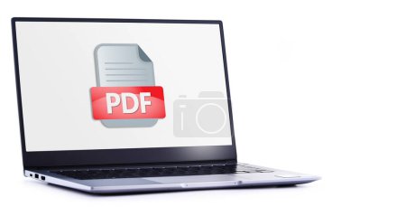 Téléchargez les photos : Ordinateur portable affichant l'icône du fichier PDF - en image libre de droit