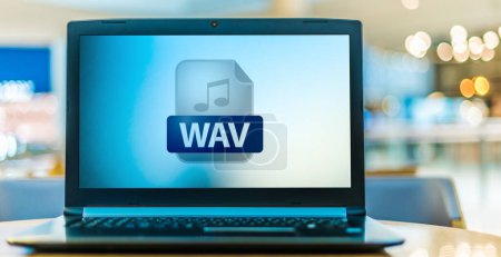 Téléchargez les photos : Ordinateur portable affichant l'icône du fichier WAV - en image libre de droit