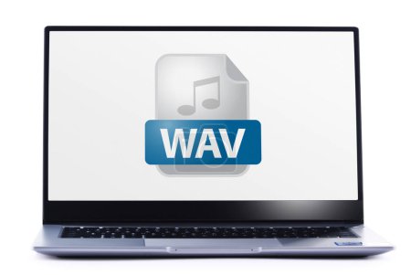 Téléchargez les photos : Ordinateur portable affichant l'icône du fichier WAV - en image libre de droit