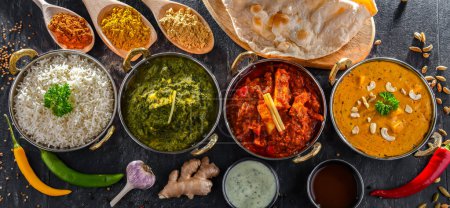 Komposition mit indischen Gerichten: madras paneer, palak paneer und shahi paneer mit Basmatireis, serviert in original indischen Karahi-Töpfen.