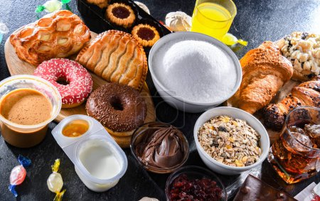 Foto de Productos alimenticios que contienen una cantidad significativa de azúcar. Comida chatarra. - Imagen libre de derechos