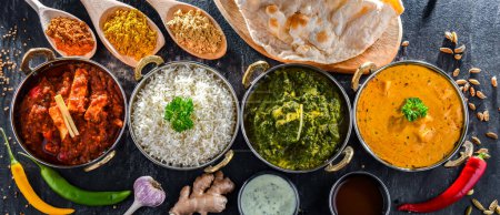 Komposition mit indischen Gerichten: madras paneer, palak paneer und shahi paneer mit Basmatireis, serviert in original indischen Karahi-Töpfen