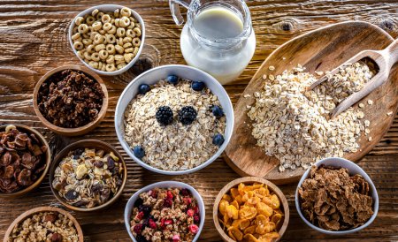 Photo for Composition with different sorts of breakfast cereal products - Royalty Free Image
