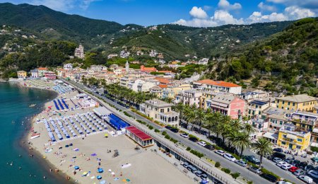 Aerial view of Moneglia, a tourist resort on the Riviera di Levante, Liguria, Ital
