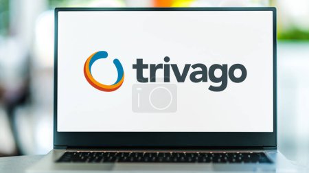 Photo for POZNAN, POL - MAY 1, 2021: Laptop computer displaying logo of Trivago, a technology company specializing in internet-related services and products in the hotel, lodging and metasearch fields - Royalty Free Image
