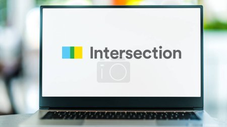 Photo for POZNAN, POL - JUN 12, 2021: Laptop computer displaying logo of Intersection, a smart cities technology and out-of-home advertising company. - Royalty Free Image