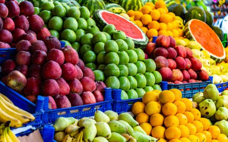 Photo for Variety of fresh fruits put out on sale on the street stall. - Royalty Free Image