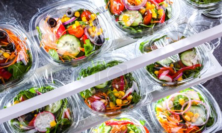 Foto de Cajas de plástico con ensaladas de verduras preenvasadas, puestas a la venta en un refrigerador comercial - Imagen libre de derechos