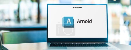 Foto de POZNAN, POL - DIC 24, 2023: Computadora portátil que muestra el logotipo de Autodesk Arnold, un software global de renderizado de iluminación - Imagen libre de derechos