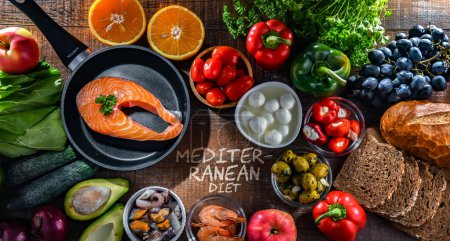 Photo for Food products representing the Mediterranean diet which may improve overall health status - Royalty Free Image