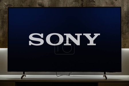 Photo for POZNAN, POL - DEC 19, 2023: Flat-screen TV set displaying logo of Sony, a Japanese multinational conglomerate corporation headquartered in Konan, Minato, Tokyo - Royalty Free Image