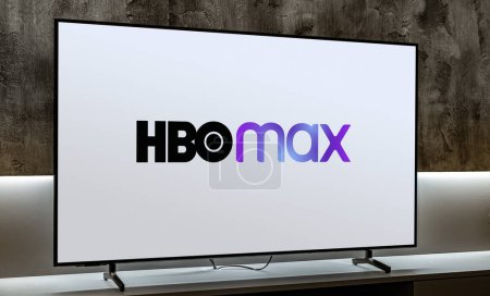 Photo for POZNAN, POL - DEC 19, 2023: Flat-screen TV set displaying logo of HBO Max, an American subscription video on demand streaming service owned by AT&T - Royalty Free Image