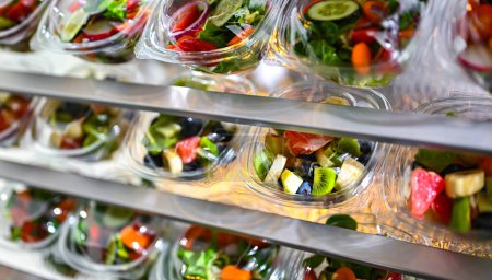 Foto de Cajas de plástico con ensaladas de frutas y verduras preenvasadas, puestas a la venta en un refrigerador comercial - Imagen libre de derechos