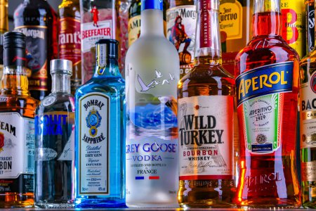 Téléchargez les photos : POZNAN, POL - NOV 29, 2023 : Bouteilles de diverses marques mondiales d'alcool dur dans un bar - en image libre de droit