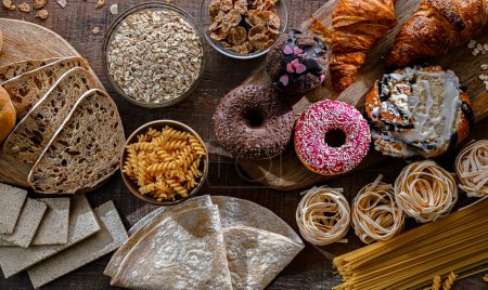Photo for Composition with variety of food products containing gluten. - Royalty Free Image