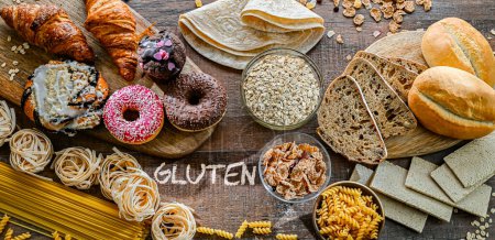 Composition with variety of food products containing gluten.