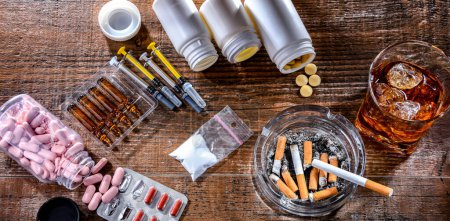 Photo for Addictive substances, including alcohol, cigarettes and drugs. - Royalty Free Image