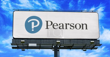 Photo for POZNAN, POL - JAN 23, 2024: Advertisement billboard displaying logo of Pearson, the educational publishing and services subsidiary of the international corporation Pearson plc - Royalty Free Image