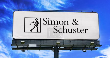 Photo for POZNAN, POL - JAN 23, 2024: Advertisement billboard displaying logo of Simon and Schuster, an American publishing company owned by Kohlberg Kravis Roberts - Royalty Free Image