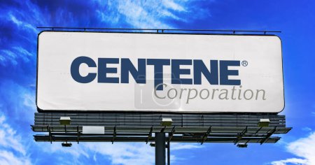 Photo for POZNAN, POL - JAN 23, 2024: Advertisement billboard displaying logo of Centene Corporation, a publicly traded managed care company based in St. Louis, Missouri - Royalty Free Image