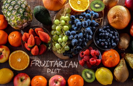 Food products representing the fruitarian diet. Fruitarianism