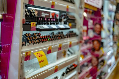 Photo for POZNAN, POL - JAN 12, 2024: Cosmetics and skincare products put up for sale in a beauty store - Royalty Free Image
