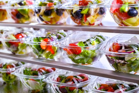 Téléchargez les photos : Boîtes en plastique avec salades de fruits et légumes préemballées, conditionnées pour la vente au réfrigérateur commercial - en image libre de droit