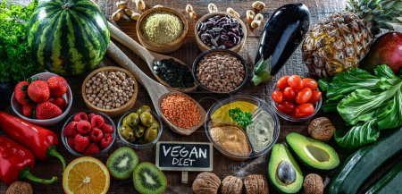 Food products representing the vegan diet. Veganism.