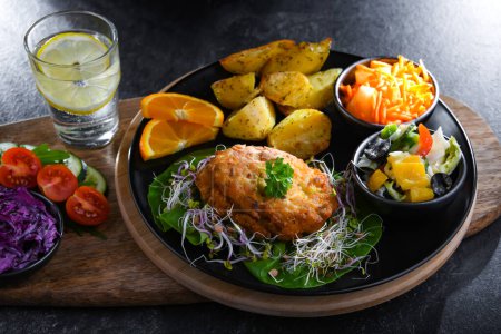 Photo for Pulled chicken cutlet coated with breadcrumbs with potatoes and vegetable salads - Royalty Free Image