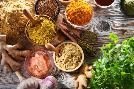 Photo for Composition with assortment of spices and herbs. - Royalty Free Image
