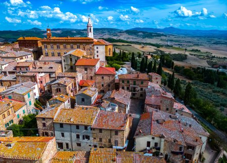 Aerial view of Pienza, a town in the province of Siena, Tuscany, in the historical region of Val d'Orcia, Italy. UNESCO World Heritage Sit