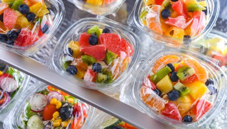 Photo for Plastic boxes with pre-packaged fruit salads, put up for sale in a commercial refrigerator - Royalty Free Image