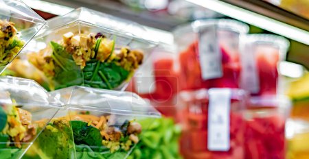 Foto de Pre-empaquetado listo para comer comidas y ensaladas de frutas exhibidas en un refrigerador comercial - Imagen libre de derechos