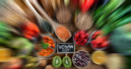 Lebensmittel, die die vegane Ernährung repräsentieren. Veganismus.