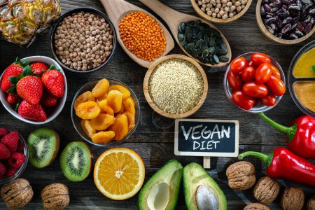 Produits alimentaires représentant le régime végétalien. Véganisme.