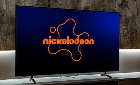 Photo for POZNAN, POL - MAR 01, 2024: Flat-screen TV set displaying logo of Nickelodeon, an American pay television channel - Royalty Free Image