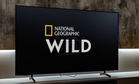 Téléchargez les photos : POZNAN, POL - MAR 01, 2024 : Téléviseur à écran plat affichant le logo de National Geographic Wild, un réseau mondial de télévision payante appartenant à National Geographic Partners - en image libre de droit