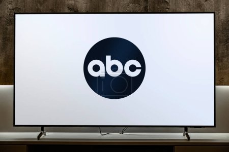 Photo for POZNAN, POL - MAR 01, 2024: Flat-screen TV set displaying logo of the American Broadcasting Company, an American commercial broadcast radio and television network owned by The Walt Disney Company - Royalty Free Image
