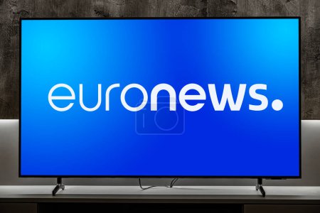 Photo for POZNAN, POL - MAR 01, 2024: Flat-screen TV set displaying logo of Euronews, a European television news network, headquartered in Brussels, Belgium - Royalty Free Image